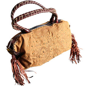 Original By Sharif Canvas Purse Tote Bag Leather Tassels Brushed Brass Trim